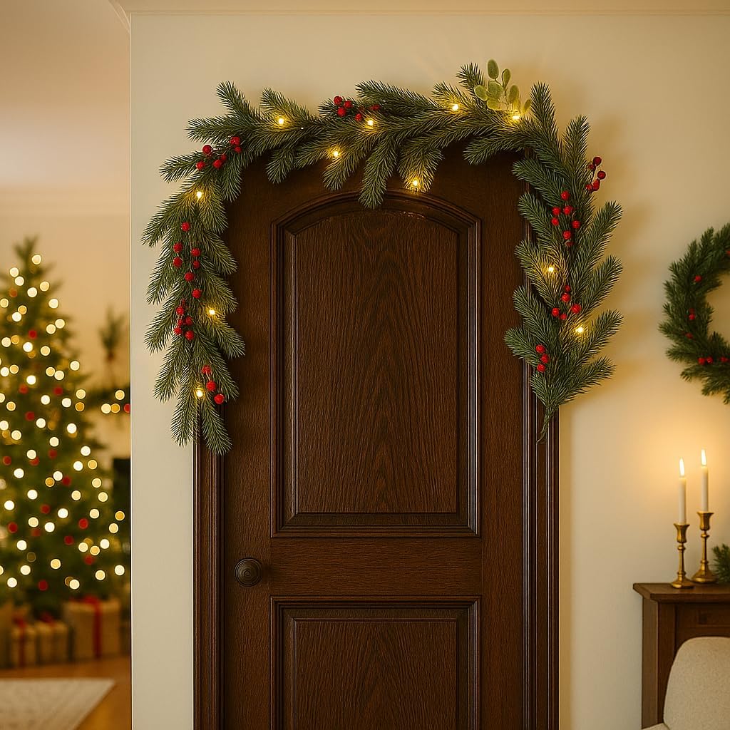 Christmas Garland Artificial Pine Decoration - 2 Pack Fake Green Cedar Garland Realistic Christmas Norfolk with Berry for Winter Holiday Mantle Fireplace Table Wall Window